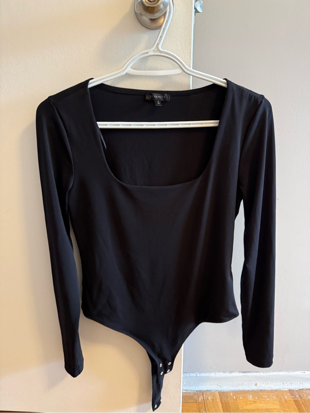 Dynamite Black Long Sleeve Scoop Neck Bodysuit with Snap Closure